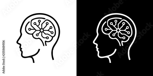 Foto Outline of a human head profile with a digital brain circuit diagram inside, a c