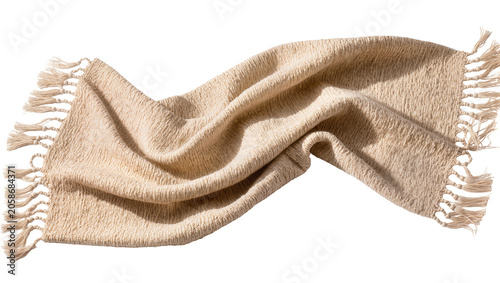 Cuadro en lienzo Textured beige woven throw blanket with fringe, isolated on transparent backgrou