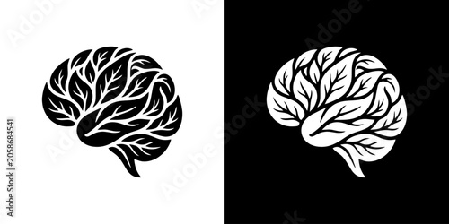 Schilderij op canvas Minimalist human head profile vector icon with brain made of leaves representing