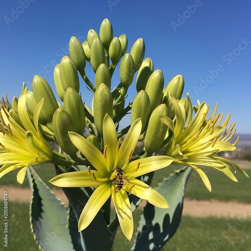 Yellow Succulent Flowers Blooming with Bee in Sunny Desert Garden