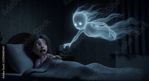 Frightened Young Girl Watching Glowing Ghost Hovering in Dark Bedroom
