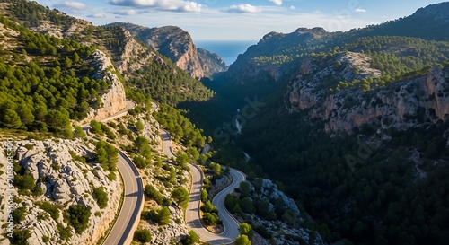 Winding Mountain Road Crossing Rugged Pine Forest Valley Near Blue Sea