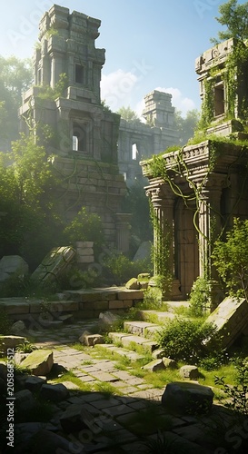 Ancient Overgrown Stone Temple Ruins Standing in Sunlit Jungle Courtyard