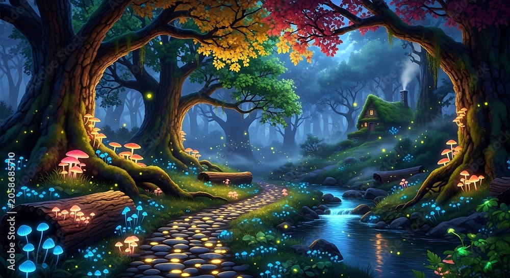 Fototapeta premium Magical Glowing Forest Path Winding Through Enchanted Woodland with Stream
