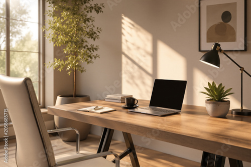 Cuadro en lienzo Sunlit professional home office workspace with laptop workspace interior sunligh