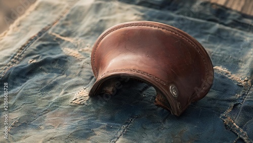 cantle. A solitary saddle cantle resting on worn denim fabric, symbolizing a journey's pause. mobility guides, transit brochures, designed for transport & logistics marketing.