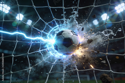 Fast Moving Football Breaking Through Goal Net in Stadium Night Match
