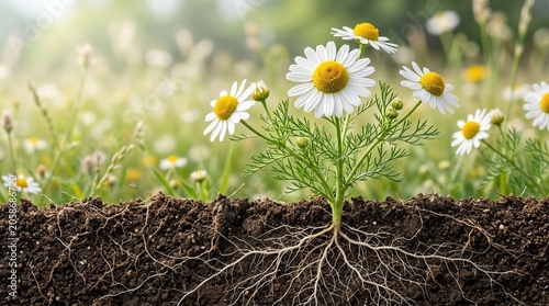 Chamomile plant cross-section showing white daisy-like flowers with yellow centers and feathery foliage above delicate fibrous root system in dark fertile meadow soil