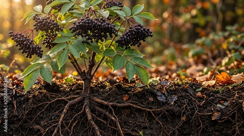 Elderberry shrub cross-section revealing dense clusters of deep purple-black berries on red stems with compound leaves above and woody root system spreading through autumn forest soil