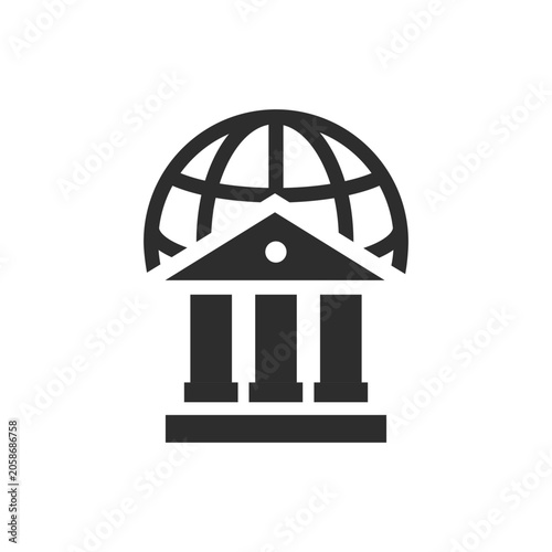 Global banking and international finance icon. Bank building with globe symbol. Monochrome black and white symbol
