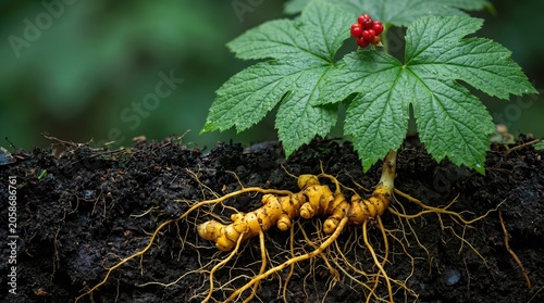 Goldenseal plant cross-section revealing bright yellow knotted rhizome root system in dark forest soil with broad serrated leaves and red berry cluster above