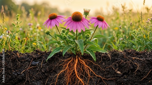 Echinacea purpurea cross-section showing vibrant pink-purple coneflowers with orange centers and deep taproot system visible in dark fertile soil at golden hour