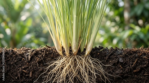 Lemongrass plant macro showing tall pale-green stalks above and dense white fibrous root system below soil level in dark earth