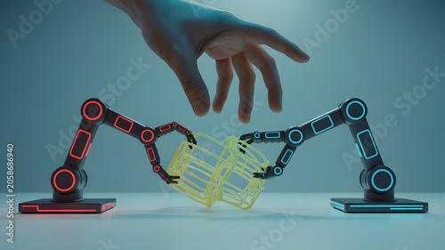 Human hand interacting with two robotic arms holding a glowing geometric object, symbolizing artificial intelligence, automation, and human-machine collaboration in technology