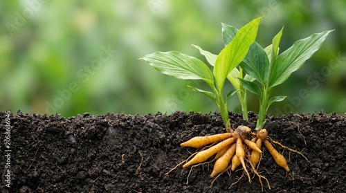 Fingerroot plant cross-section revealing distinctive orange finger-shaped rhizomes underground in dark fertile soil with lush green leaves above