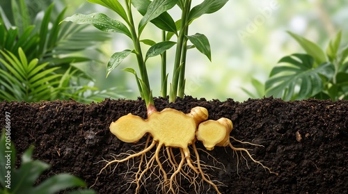 Fresh ginger plant split-view cross section showing golden rhizome root system underground in dark soil with lush green tropical leaves above