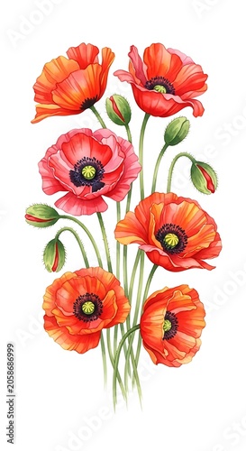 Vibrant Red and Orange Poppy Flowers Arranged on Clean White Background