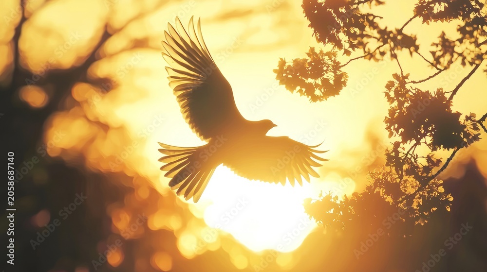 Obraz premium A silhouette of a bird flying against the golden glow of the setting sun.