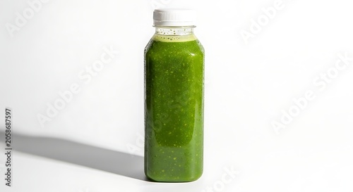 Fresh Green Smoothie Bottle Standing on Bright White Studio Surface
