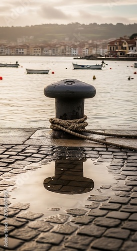 Weathered Mooring Bollard with Rope on Wet Cobblestone Harbor Quay