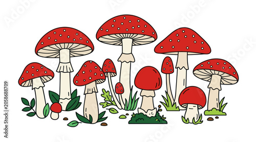 Schilderij op canvas Cluster of red fly agaric mushrooms with white spots.
