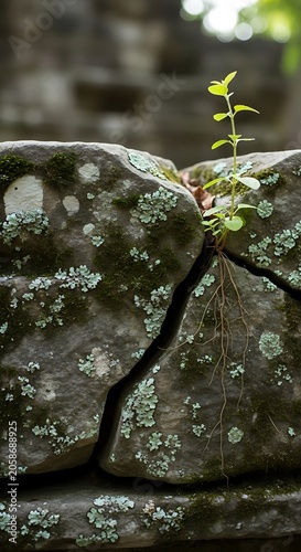 Small Green Seedling Growing Between Lichen Covered Stones in Shaded Garden