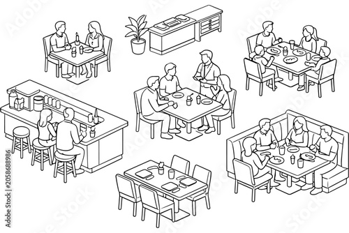 Isometric Café Interior Diners Outline Vector