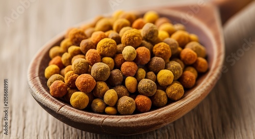 Colorful Bee Pollen Granule Pile Resting in Wooden Spoon on Rustic Table