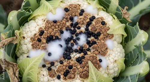 Moldy Cauliflower Head with Black Spots and White Fungus in Garden