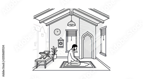 Foto Muslim Man Praying at Home on Prayer Mat, Quran on Stand