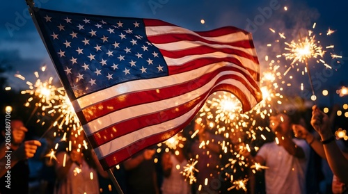 American flag waving with fireworks at night