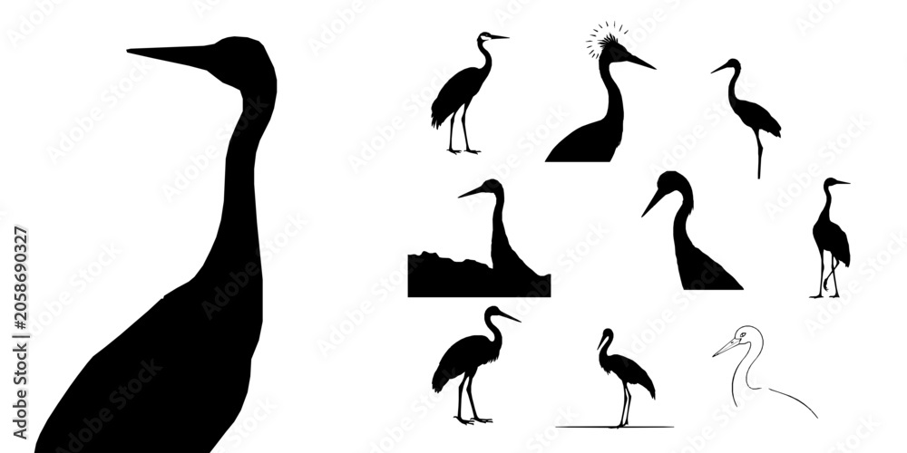 Fototapeta premium Crane Bird Silhouette Elegant Neck Vector Icon Pack
