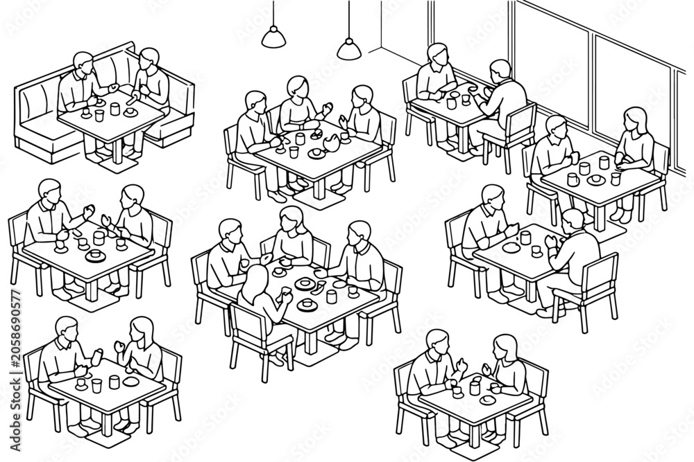 Obraz premium Restaurant Dining Groups Isometric Outline Illustration