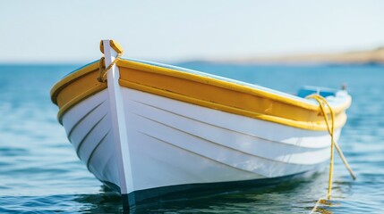White boat bow with yellow trim resting on calm blue water under clear sky, representing summer, peace, and coastal holidays