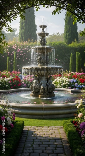 Elegant Stone Fountain Flowing in Lush Formal Garden with Colorful Flowers