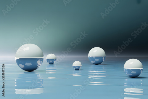 Minimalist 3D scene featuring glossy half-white, half-blue spheres floating on calm reflective water under a gradient teal sky, symbolizing balance, purity, and modern design