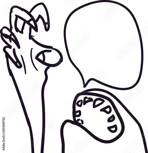 Fotografie A fanged, toothy monster or predator holds its hand up