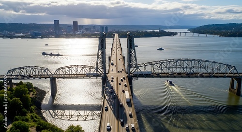 Busy Steel Bridge Carrying Traffic Across Wide River Under Cloudy Sky