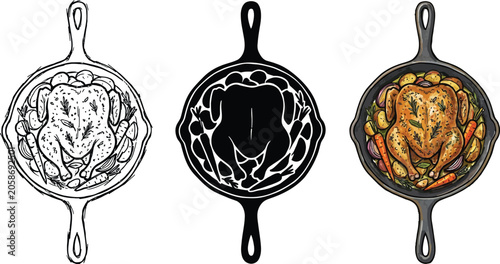 Foto Roasted chicken with vegetables in a cast iron skillet hand-drawn illustration s