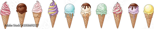 Fényképezés Colorful ice cream cone vector illustration set with various delicious flavors scoops and soft serve for summer sweet dessert menu design