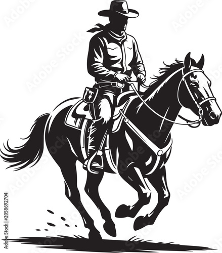 Cowboy riding horse galloping fast in western rodeo action style for ranch or equestrian business.