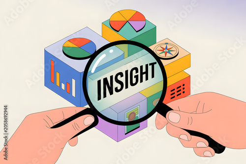 Illustration of hands holding magnifying glass over colorful data blocks with charts and graphs, highlighting the word INSIGHT, symbolizing data analysis and business intelligence