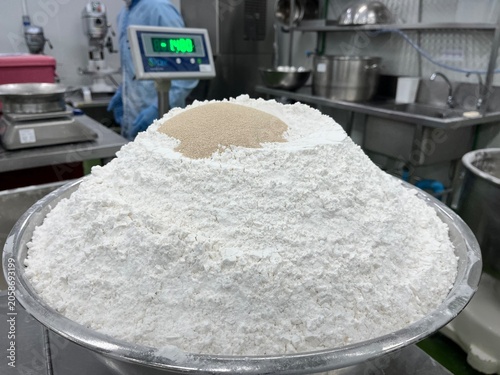 Fresh dough after industrial mixing and kneading process, prepared for steamed bun production. Dough development stage supporting product consistency and large-scale bakery manufacturing.