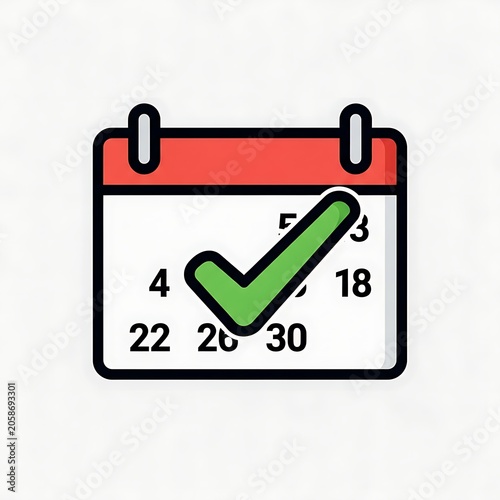 Simple Calendar Icon with Green Check Mark on White Background
