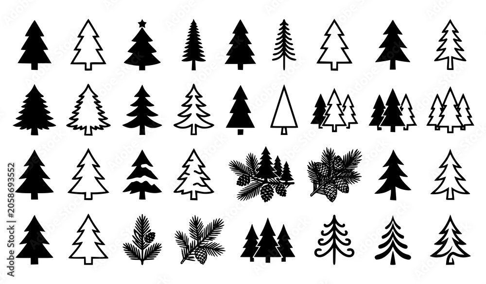 Obraz premium Pine and Fir Tree Icon Set Evergreen Forest Silhouette Vector Collection