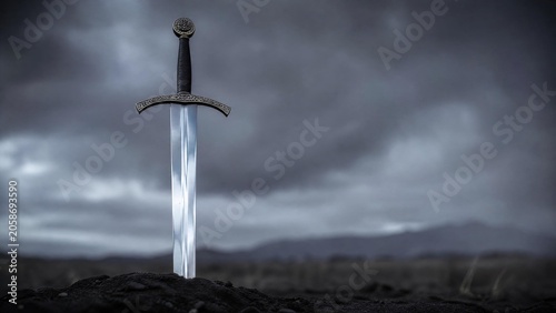 longsword. A medieval longsword driven into dark soil, its blade reflecting an overcast sky. event programs, museum guides, designed for cultural heritage projects and event programs.