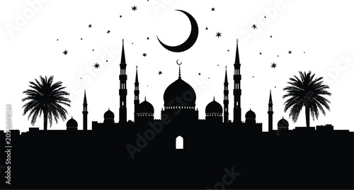 Islamic skyline silhouette crescent moon stars palm trees Ramadan Eid night illustration concept