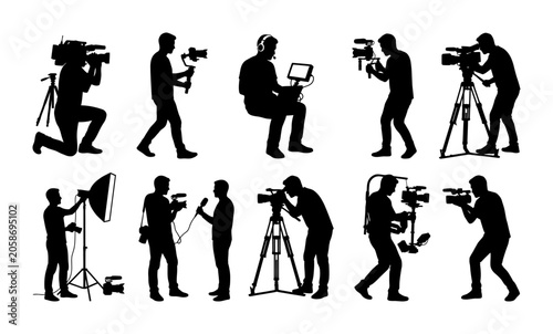 Collection of professional videographer and cameraman silhouettes capturing various film production scenes on white background