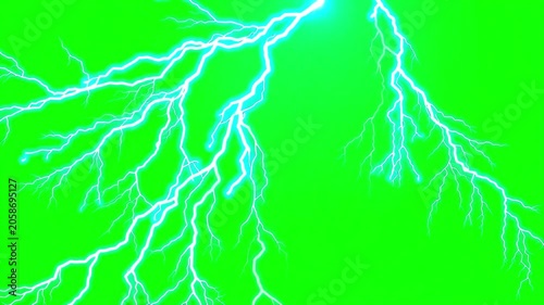 Blue lightning striking on empty green screen background, powerful electric energy effect with dramatic flashes, isolated for chroma key compositing, visual effects and motion graphics projects