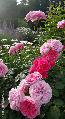 Lush Pink Rose Bush Blooming Among White Daisies in Sunlit Garden
